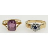 2 x 9ct Gold gem set rings, both UK size O. Amethyst, together with sapphire & white stone cluster.