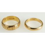 2 x 22ct Gold Wedding rings - Both fully hallmarked. Fancy ring Size R, plain ring size Q. 15.