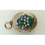 19th century Gold coloured metal enamelled oval pendant decorated with Snow Drops, 13.