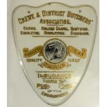 Vintage shield shaped glass advertising panel printed with a Bulls head and gold letters "Crewe &