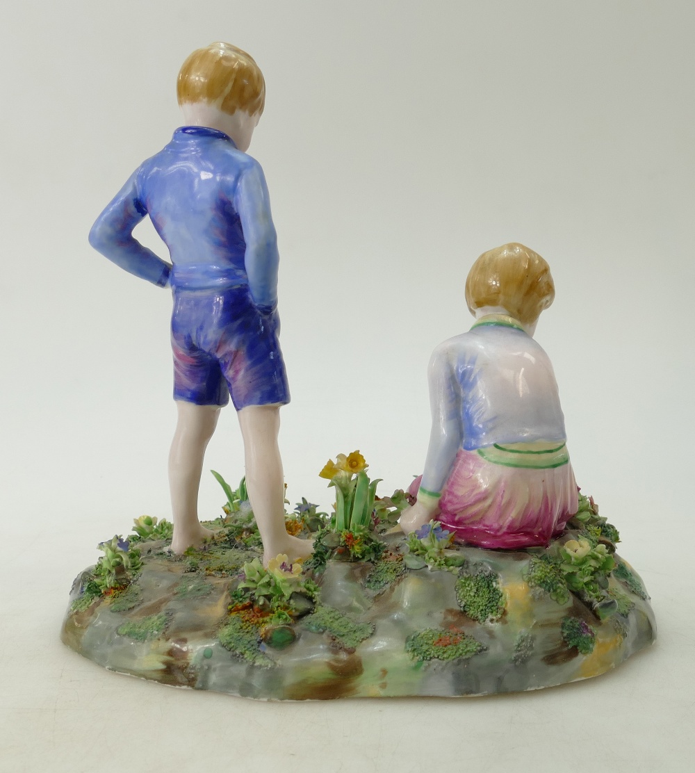 A Crown Staffordshire large figure group of a girl picking flowers and boy standing, - Image 3 of 5