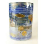 Lise B Moorcroft studio cylinder vase decorated in a graphic fish gilt metal & crystal design,