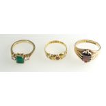 Rings x 3 - 9ct Gold & Garnet ring UK size S & 9ct Gold green emerald cut & white stone UK size Q