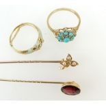 Mid 19th century jewellery - 9ct diamond ring, 9ct ring set with turquoise and two 9ct gold pins, 8.