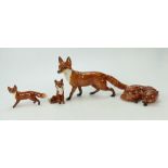 Beswick fox family of four - Large standing fox, curled fox,