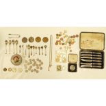 A mixed collection of items including Silver farming medals, Silver handled knife and spoons ,