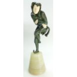 Art Deco Green patinated bronze figure of a man wearing a jesters hat & outfit with ivory hands and