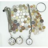 A collection of items including Silver Pocket Watches, silver coloured metal watchchains,