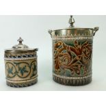 Doulton Lambeth biscuit barrel decorated all around with scrolling foliage,