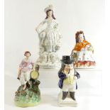 Four Staffordshire figures including; Red Riding Hood, (chip to base), Shepherdess & sheep,