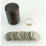 9ct Gold ring, 2.3 grams and a collection of pre 1947 silver sixpences, 76.