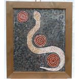 Mid Century Aboriginal Art oil on canvas framed artwork of snake and stones
