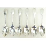 Six Georgian silver dessert spoons, various dates and makers. Crests & initials engraved to front.