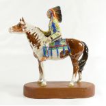 Beswick Indian on Horseback, glued to non factory issue, wooden base, 21cm.