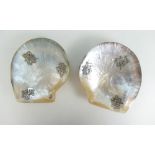 Pair of Chinese river polished Abalone shells incised floral decoration and Chinese silver symbols