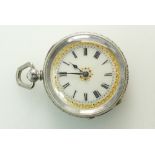 Ladies French silver Fob Watch, ornate case and gilded & mother of pearl dial.