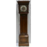 1920s Barley Twist oak cased grandmother clock with brass dial and Westminister chime,