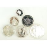 Six Silver coins - 1 oz fine silver Britannia with COA, US $1 fine silver 1 oz, Peace dollar 1922,