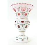 Bohemian Pink and White overlay faceted and hand painted glass vase 22cm