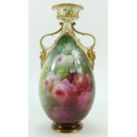 Doulton Burslem Luscian Ware two handled gilded vase handpainted with yellow & red roses by H Piper,
