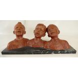 French terracotta triple bust model of three young boys singing,