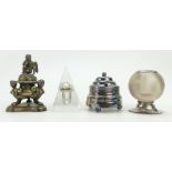 Job lot containing bronze inkwell with winged cherubs and other inkwells, Monaco casino chips,