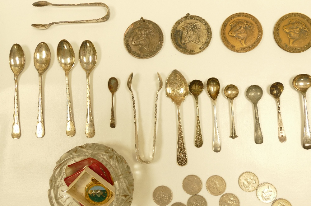 A mixed collection of items including Silver farming medals, Silver handled knife and spoons , - Image 2 of 3