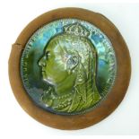 Minton Majolica circular plaque depicting Queen Victoria in material and wood frame,