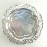 Chinese silver coloured metal salver / waiter / card tray with pierced and engraved decoration.