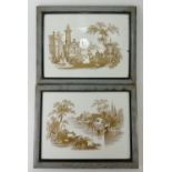 Pair 19th century rectangular earthenware plaques decorated with gilded country house scenes,