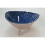 Wedgwood tri-footed studio dish decorated with speckled blue and white colours inside and speckled