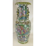 19th century large Chinese Cantonese Clobber ware two handled vase decorated with coloured floral