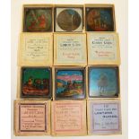 Six boxed sets of lithographic Magic Lantern slides, each containing 12 slides, 3.25cm x 3.25cm.