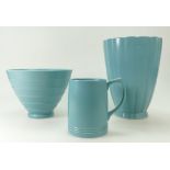 Wedgwood ribbed vase in teal colourway designed by Keith Murray (underglaze and another chip to top