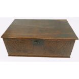 BIBLE BOX - large Oak 17th Century box, repair to back right corner of lid.