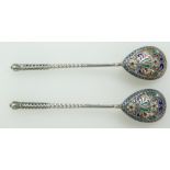 Pair Russian and Cloisonné enamel silver spoons, stamped 84. 27.4g, 10.5cm long.