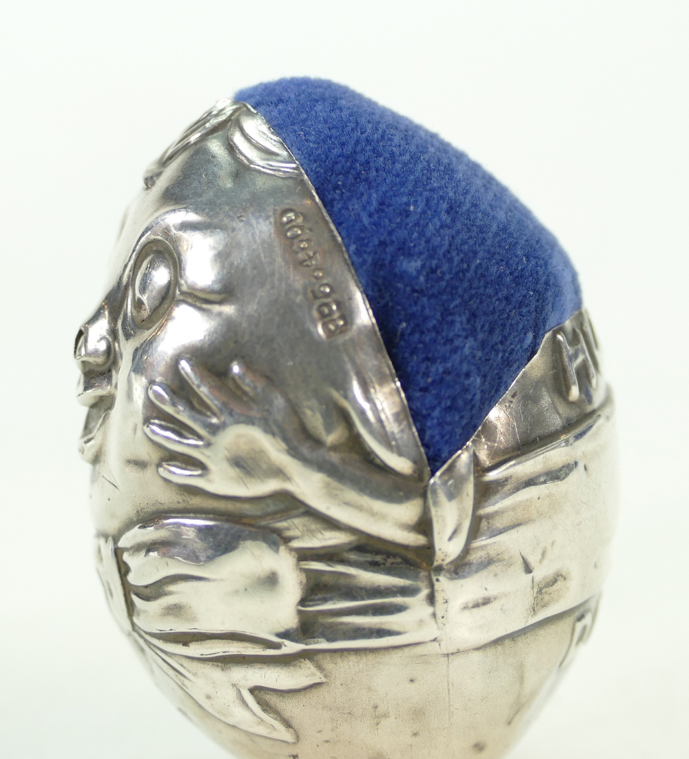 HUMPTY DUMPTY silver novelty PIN CUSHION by Levi and Solomon - hallmarked for Birmingham 1910. 4. - Image 3 of 4