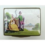 18th century Bilston enamel pill box decorated with a courting couple in a garden, length 6.