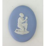 Wedgwood oval blue Jasperware medallion made to celebrate the abolishment of slavery, height 11cm.