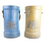 19th Century Powder Kegs - wood with canvas and with cipher to centre and brass fittings.