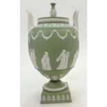 Wedgwood green Jasperware two handled vase and cover,