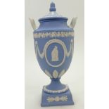 Wedgwood blue Jasperware two handled vase and cover,