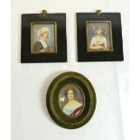 Pair 19th century hand painted miniatures (actual paintings 8cm x 6cm) in black frames,