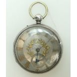 Silver case Pocket Watch, silver dial with gold numerals 47mm dia. No key, sold as not working.