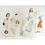 Large Staffordshire flatback figure of a girl on horse with man attending 34cm,