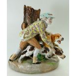 19th century large Meissen style figure group/spill vase as a man with two snarling dogs by tree