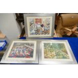 Three large period prints in silver frames with themes of kitchen life, work life,