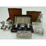 Silver Cigarette box and another similar, pair Silver candlesticks, boxed silver cruet,