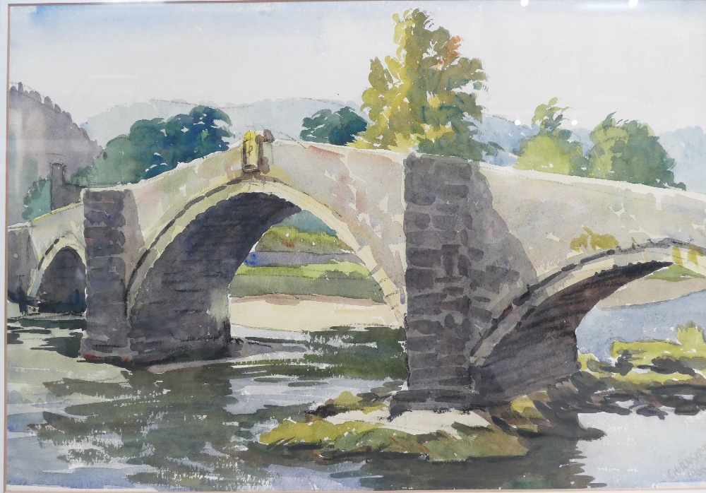 John Chirnside watercolours titled 'The Bridge Llanrwst North Wales' label verso No 6. - Image 3 of 4