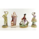 Four Staffordshire figures including; Shield of Faith, Harlequin, dancing girls & boys fighting, 15.